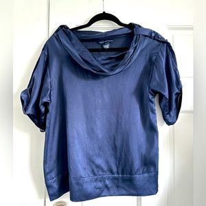 French Connection Navy Blue Silk Blouse with Cowl Neck and Button Detail Size 4